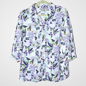 Chico’s French Script & Butterfly Linen Blend Button Up Top Purple Floral Size S